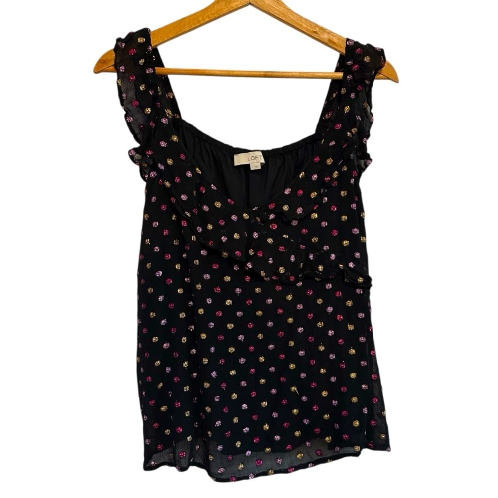 LOFT Women's Black Sheer Polka Dotted Tank Top Size Large
